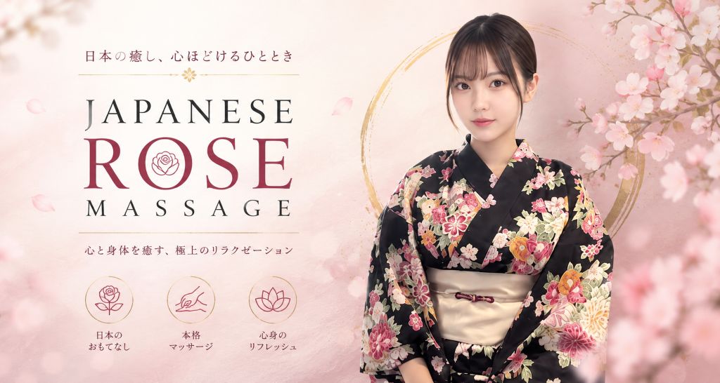 Japan Rose Massage banner with cherry blossoms and a woman wearing a floral kimono